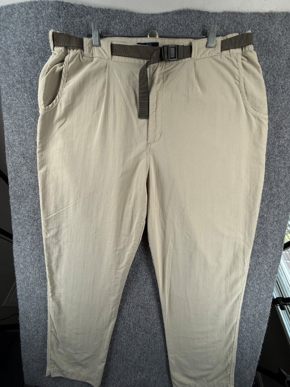 Rail Riders Nylon Pants Beige Belted 2XL Men 30” Inseam Deep Pockets Outdoors